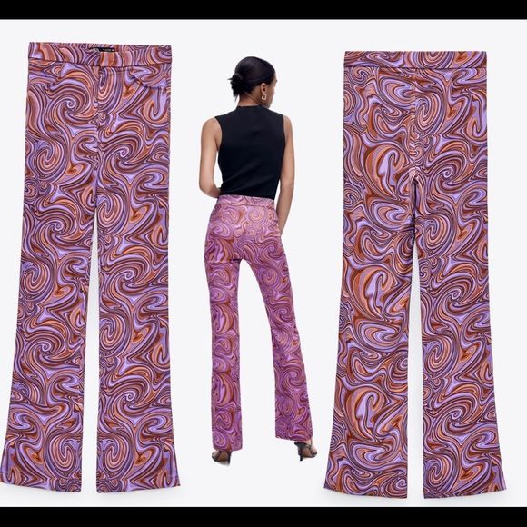 ZARA dark mauve swirl printed high waisted flared leg pants Sz S NWT - Picture 3 of 10